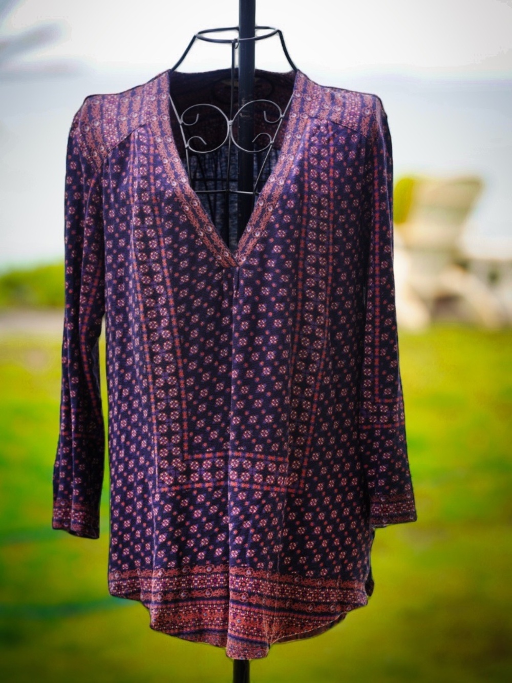 Lucky Brand Blue & Pink Wood Block Print Boho Tunic Top - Medium